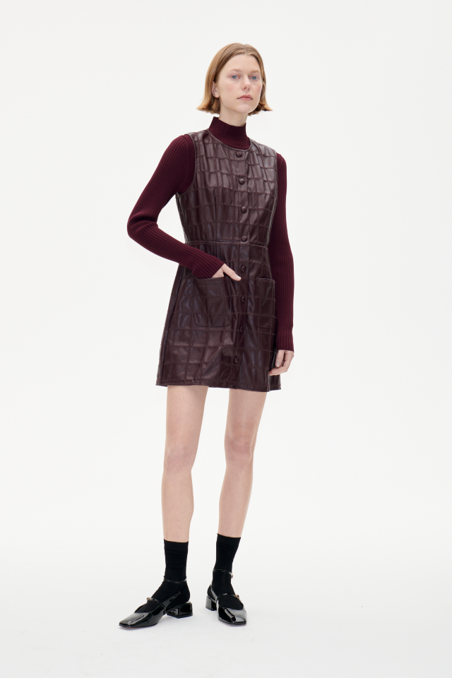 Anavi Dress Darkest Burgundy This faux leather, A-line minidress features snap button closures in the front, patch pockets, and a full lining - model image