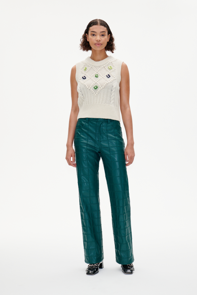 Nikisha Trousers Darkest Spruce Green These high-rise, faux leather trousers feature embroidery detailing and a zip with button closure - model image